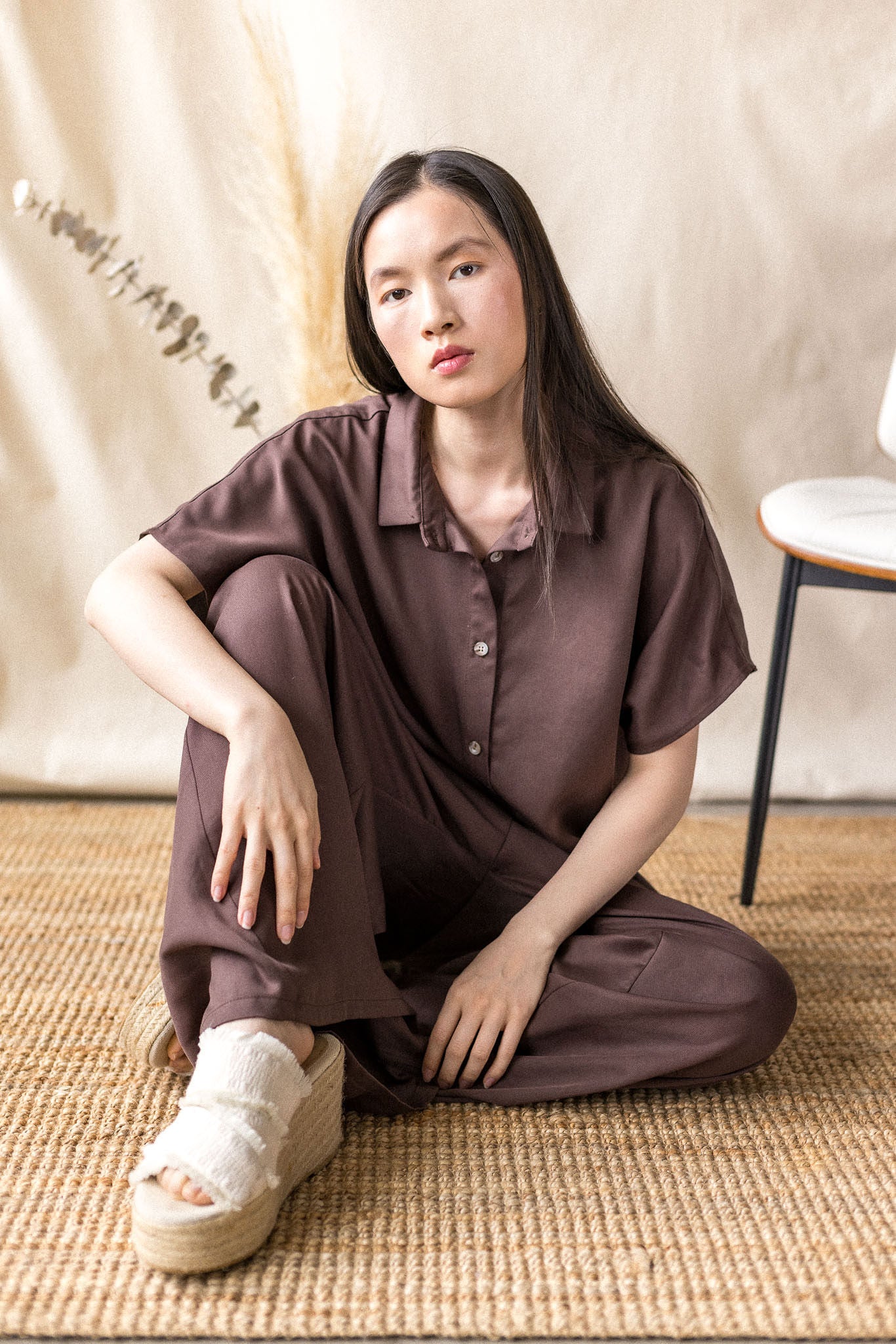 Brown Lyocell twill blouse with drop shoulder – MAS Montréal, SS27