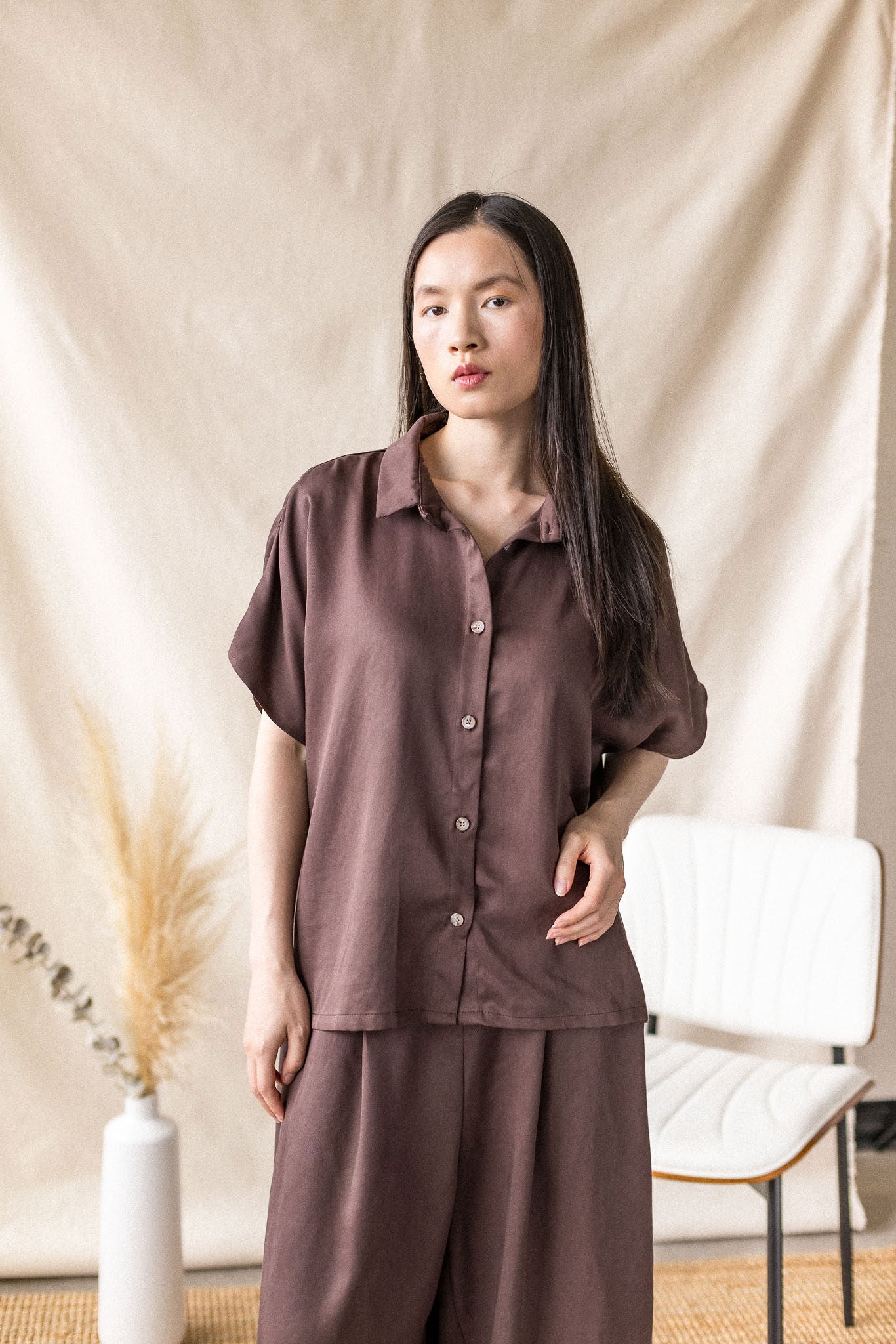 Brown Lyocell twill blouse with drop shoulder – MAS Montréal, SS27