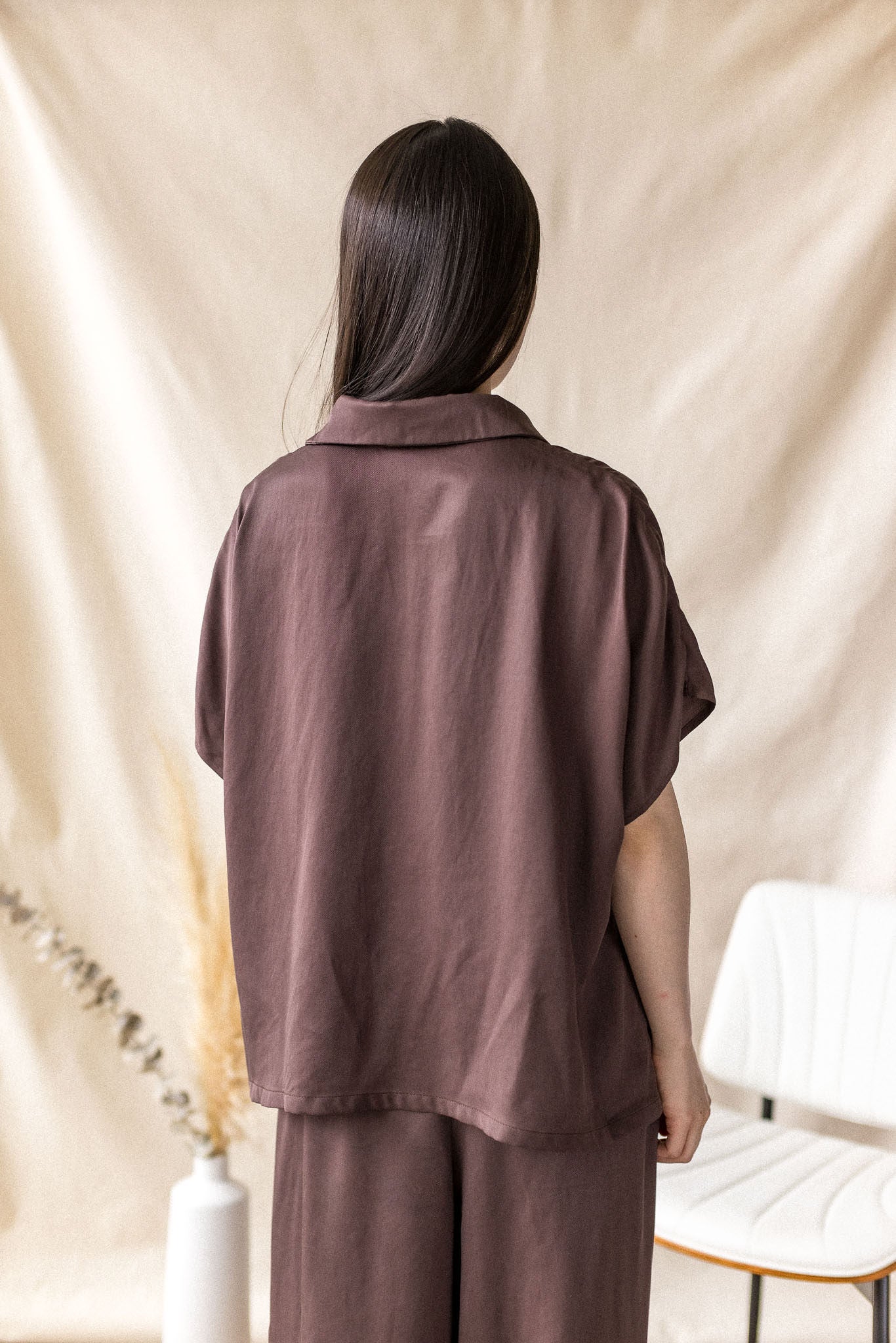Brown Lyocell twill blouse with drop shoulder – MAS Montréal, SS27