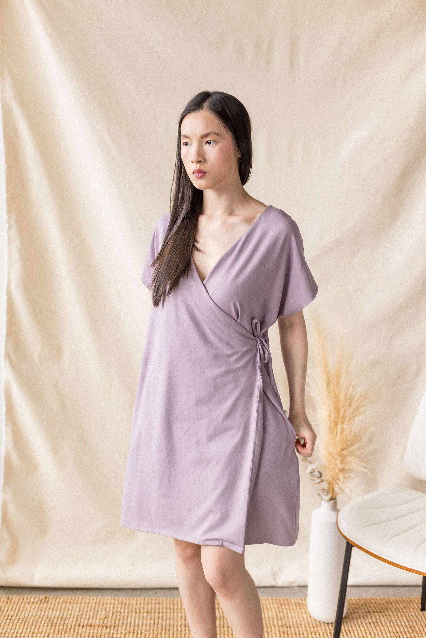 Lilac jersey dress with cross-over front and drop shoulder – MAS Montréal, SS27