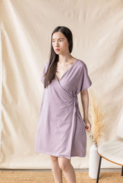 Lilac jersey dress with cross-over front and drop shoulder – MAS Montréal, SS27