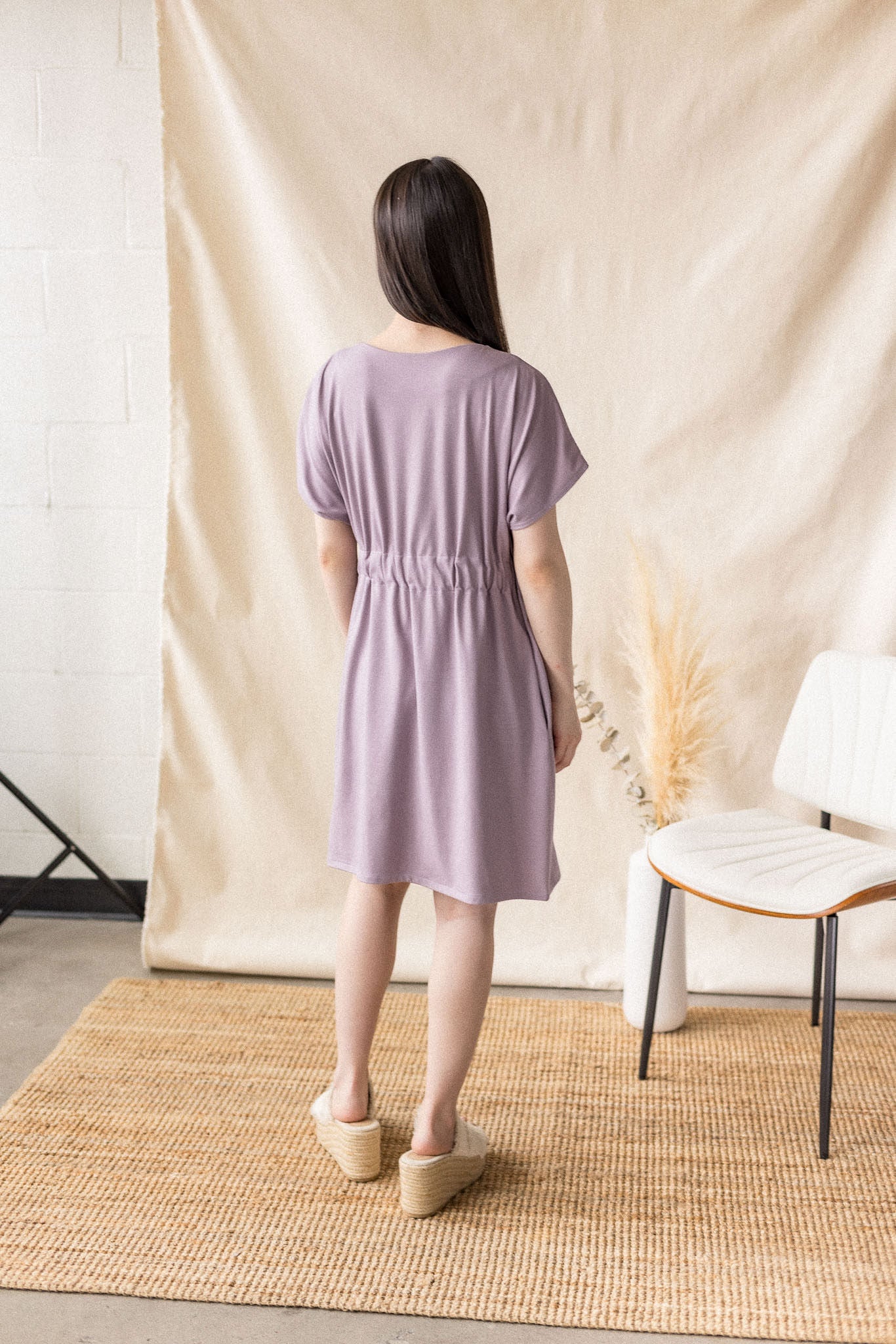 Lilac jersey dress with cross-over front and drop shoulder – MAS Montréal, SS27