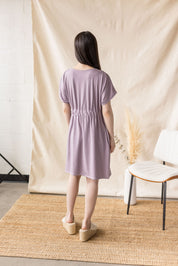 Lilac jersey dress with cross-over front and drop shoulder – MAS Montréal, SS27