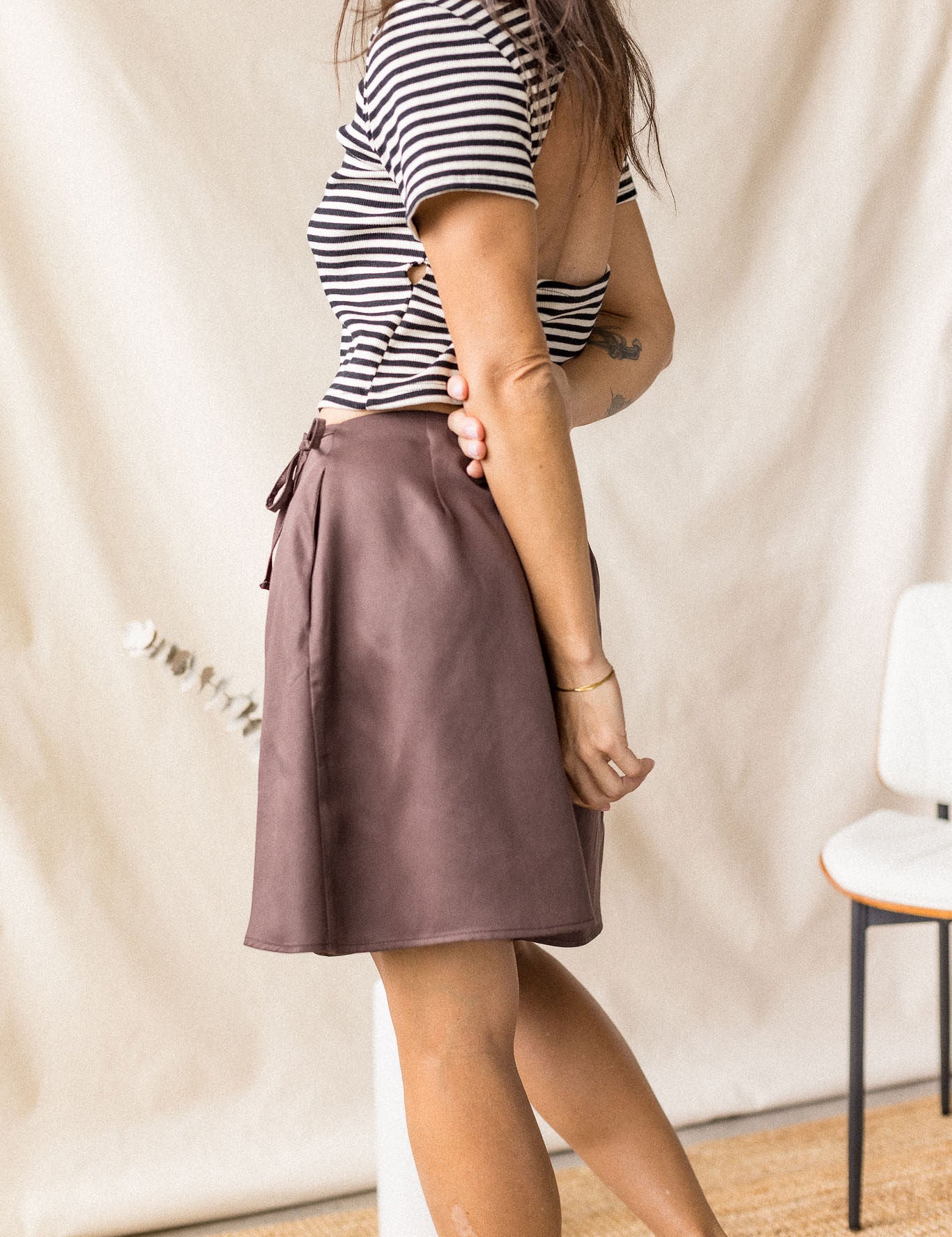 Brown Lyocell twill skirt with cross-over front – MAS Montréal, SS27