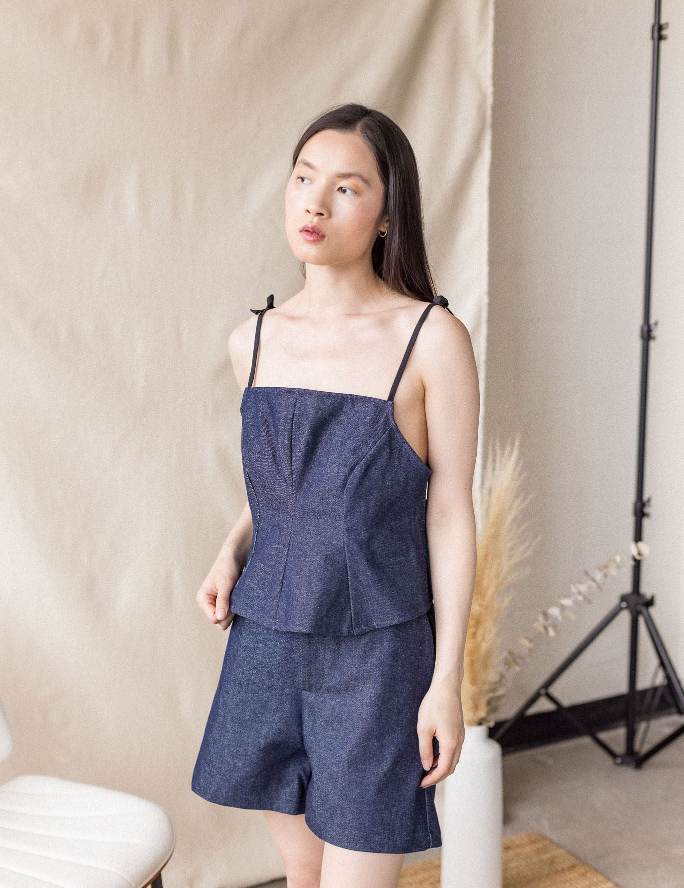 Indigo denim short with back elastic waistband – MAS Montréal, SS27