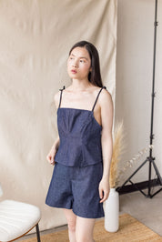 Indigo denim peplum top with tie straps – MAS Montréal, SS27