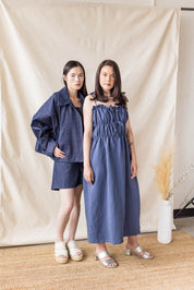 Blue linen-cotton dress with tiered gathering and front ties – MAS Montréal, SS27