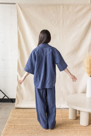 Blue linen-cotton shirt with lapel collar and oversized pocket – MAS Montréal, SS27
