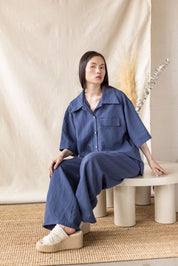 Blue linen-cotton shirt with lapel collar and oversized pocket – MAS Montréal, SS27