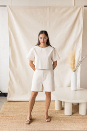 Beige denim short with back elastic waistband – MAS Montréal, SS27