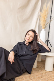 Black linen-cotton shirt with lapel collar and oversized pocket – MAS Montréal, SS27
