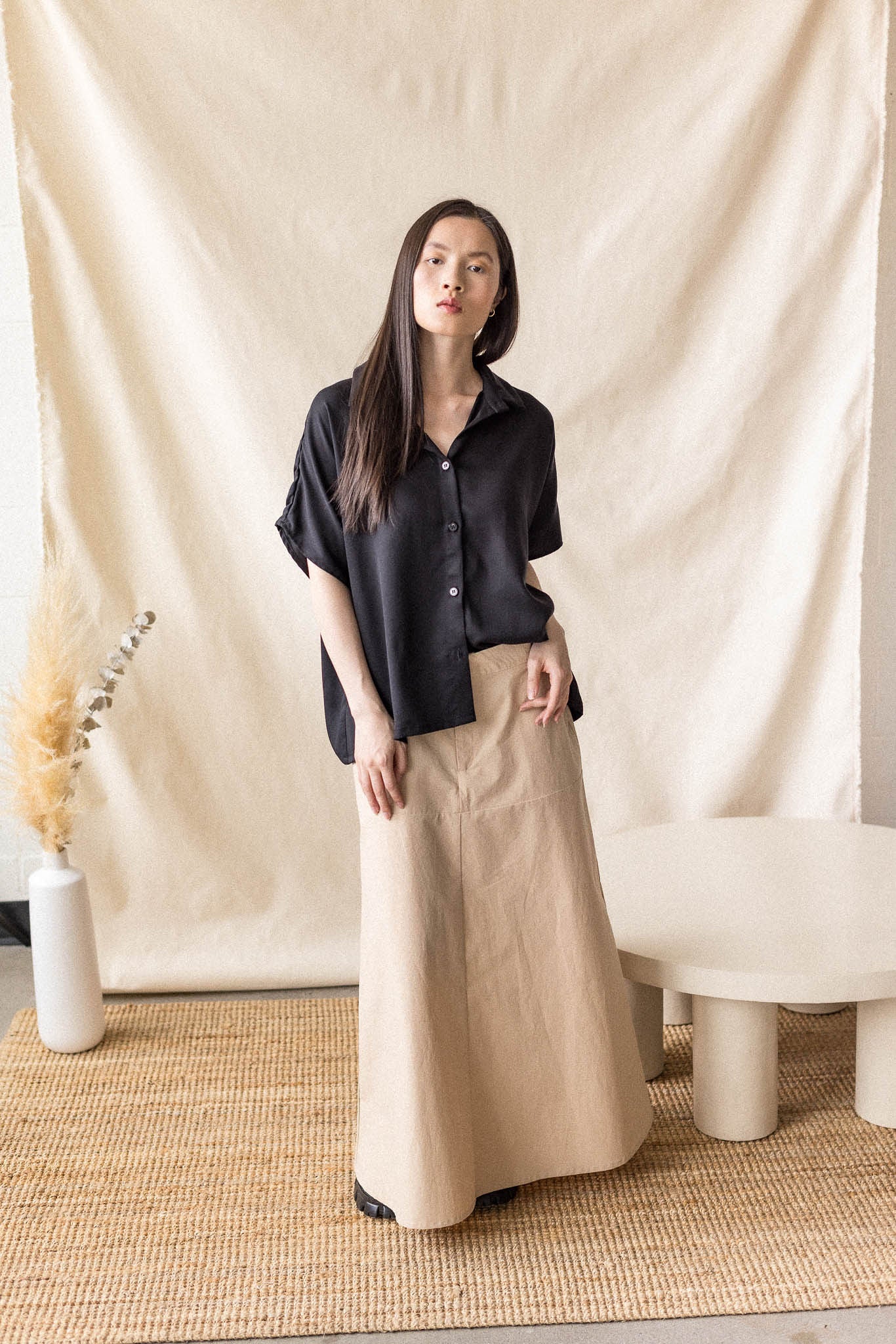 Black Lyocell twill blouse with drop shoulder – MAS Montréal, SS27