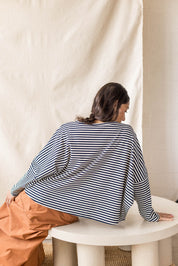Blue oversized rib knit sweater with V-neck – MAS Montréal, SS27