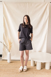 Black denim short with back elastic waistband – MAS Montréal, SS27
