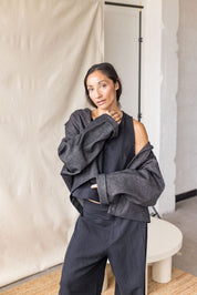 Black linen trouser with front seam detail – MAS Montréal, SS27