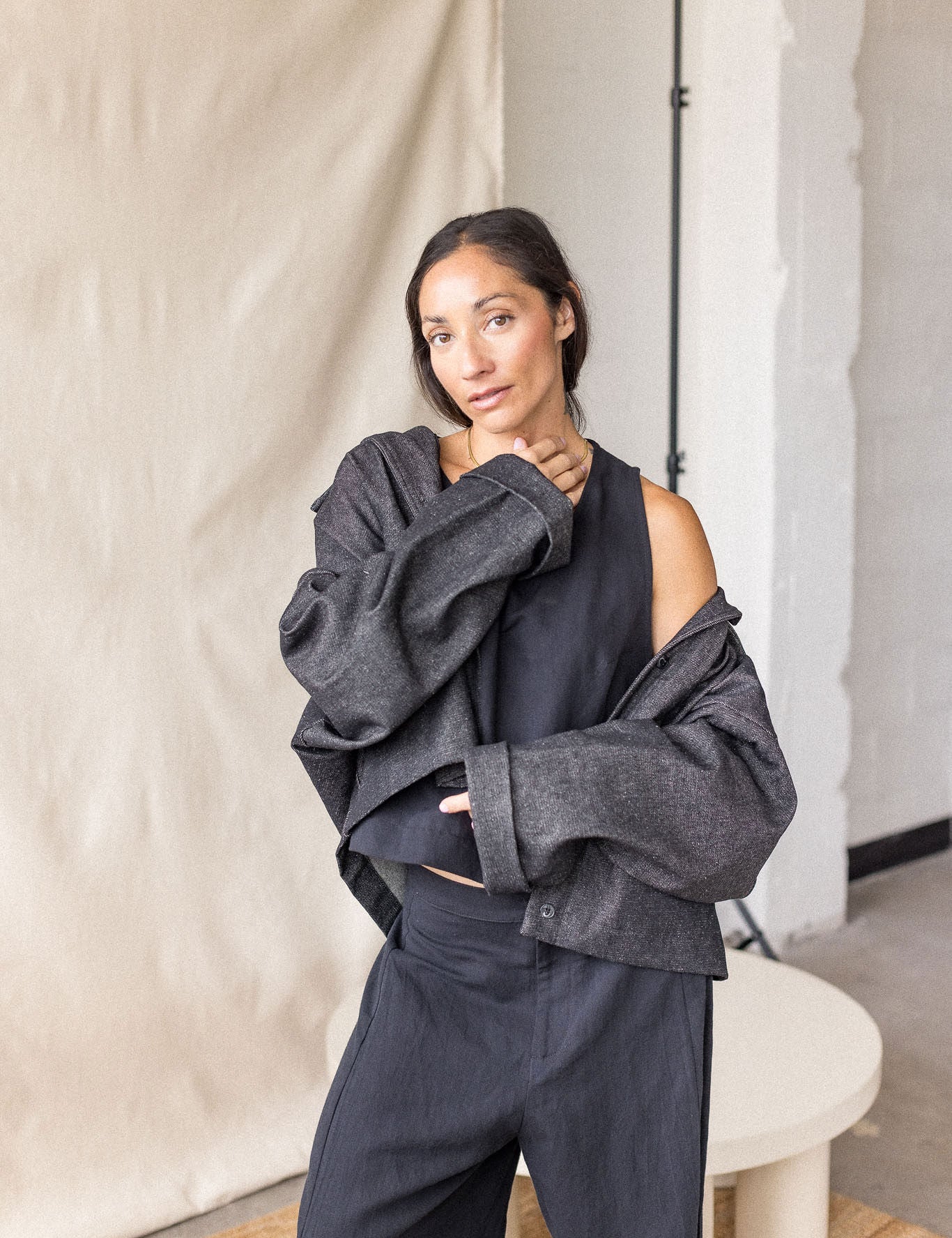 Black oversized denim coat with front pockets and button closure – MAS Montréal, SS27
