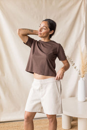Beige denim short with back elastic waistband – MAS Montréal, SS27