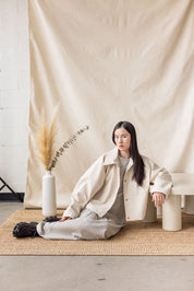 Beige oversized denim coat with front pockets and button closure – MAS Montréal, SS27