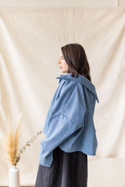 Blue oversized denim coat with front pockets and button closure – MAS Montréal, SS27