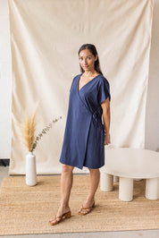 Indigo jersey dress with cross-over front and drop shoulder – MAS Montréal, SS27