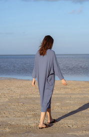 Iona Dress in Teal Blue (Caspian) ribbed turtleneck maxi dress, side view - MAS Montréal