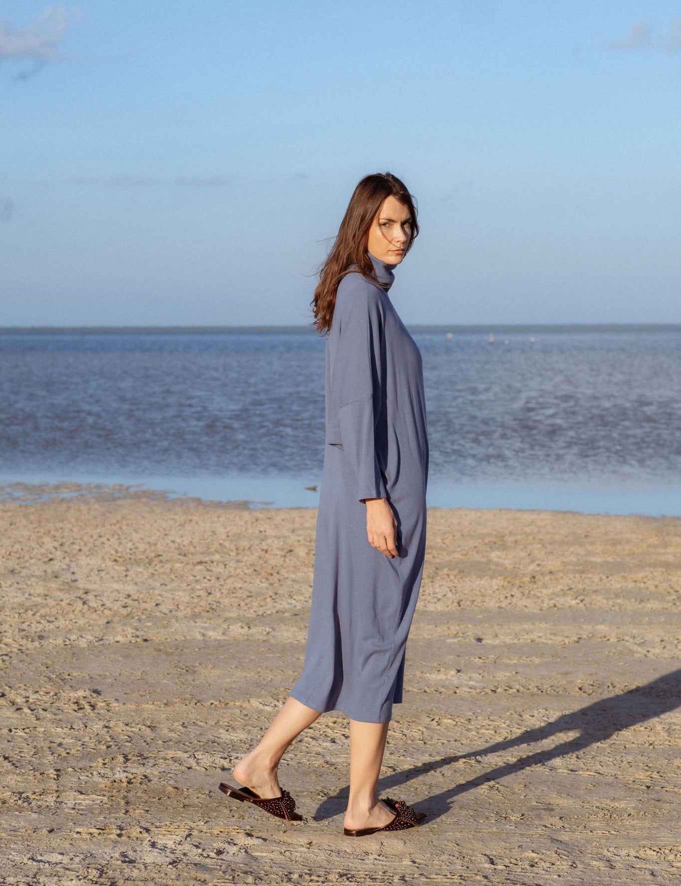 Iona Dress in Teal Blue (Caspian) ribbed turtleneck maxi dress, back view - MAS Montréal