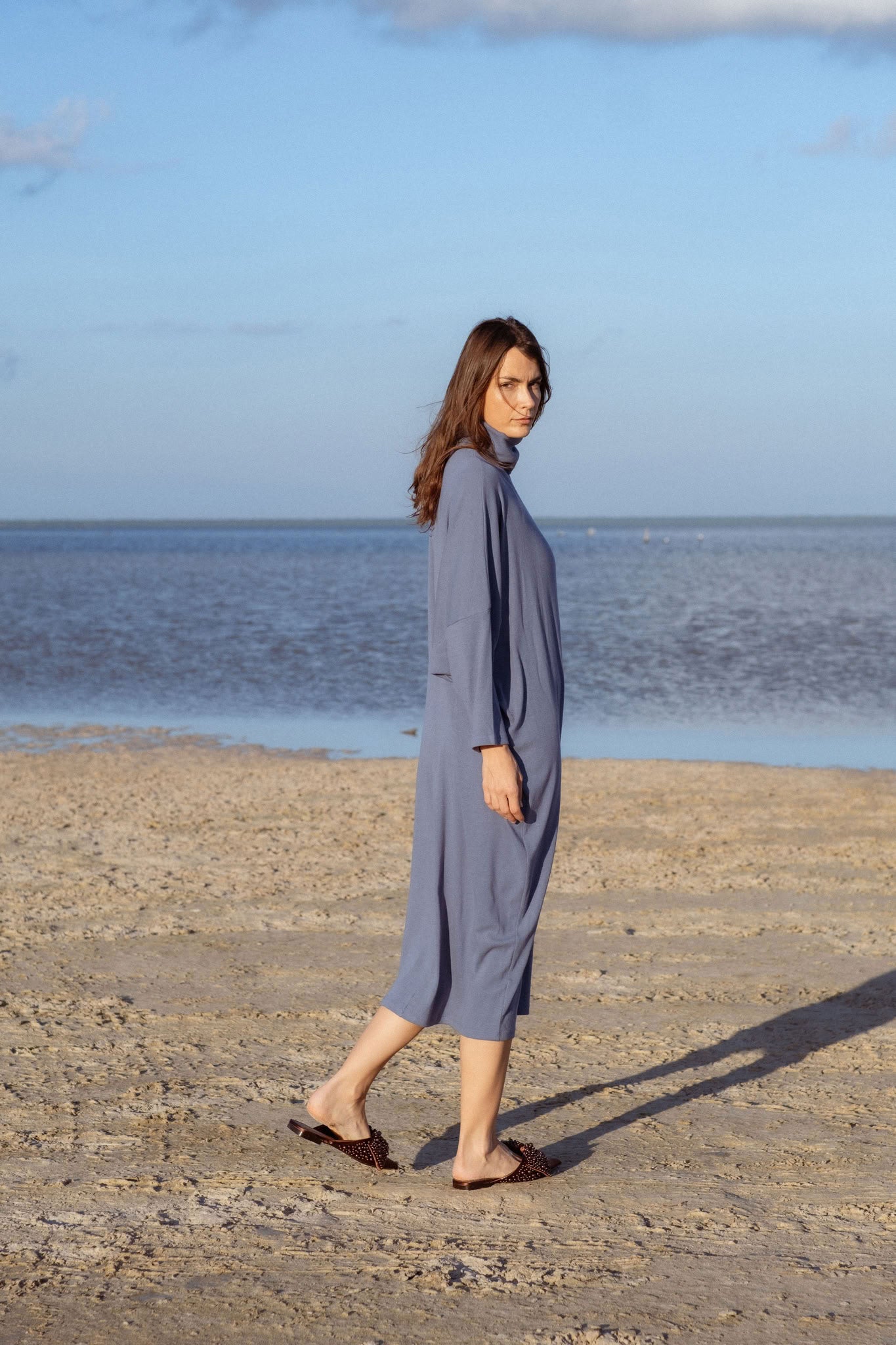 Iona Dress in Teal Blue (Caspian) ribbed turtleneck maxi dress, back view - MAS Montréal