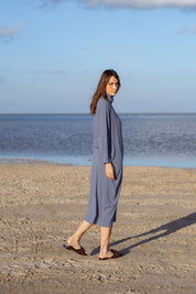 Iona Dress in Teal Blue (Caspian) ribbed turtleneck maxi dress, back view - MAS Montréal