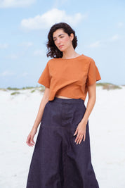 San Marcos Skirt in Blue Denim (Indigo Denim) A-line denim maxi skirt, side view - MAS Montréal