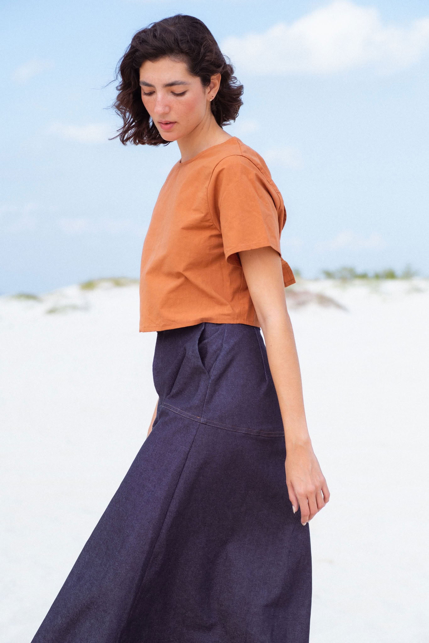 San Marcos Skirt in Blue Denim (Indigo Denim) A-line denim maxi skirt, detail - MAS Montréal