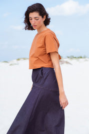 San Marcos Skirt in Blue Denim (Indigo Denim) A-line denim maxi skirt, detail - MAS Montréal