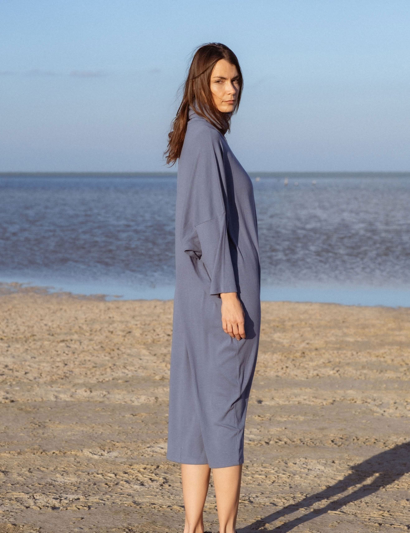 Iona Dress in Teal Blue (Caspian) ribbed turtleneck maxi dress, detail - MAS Montréal