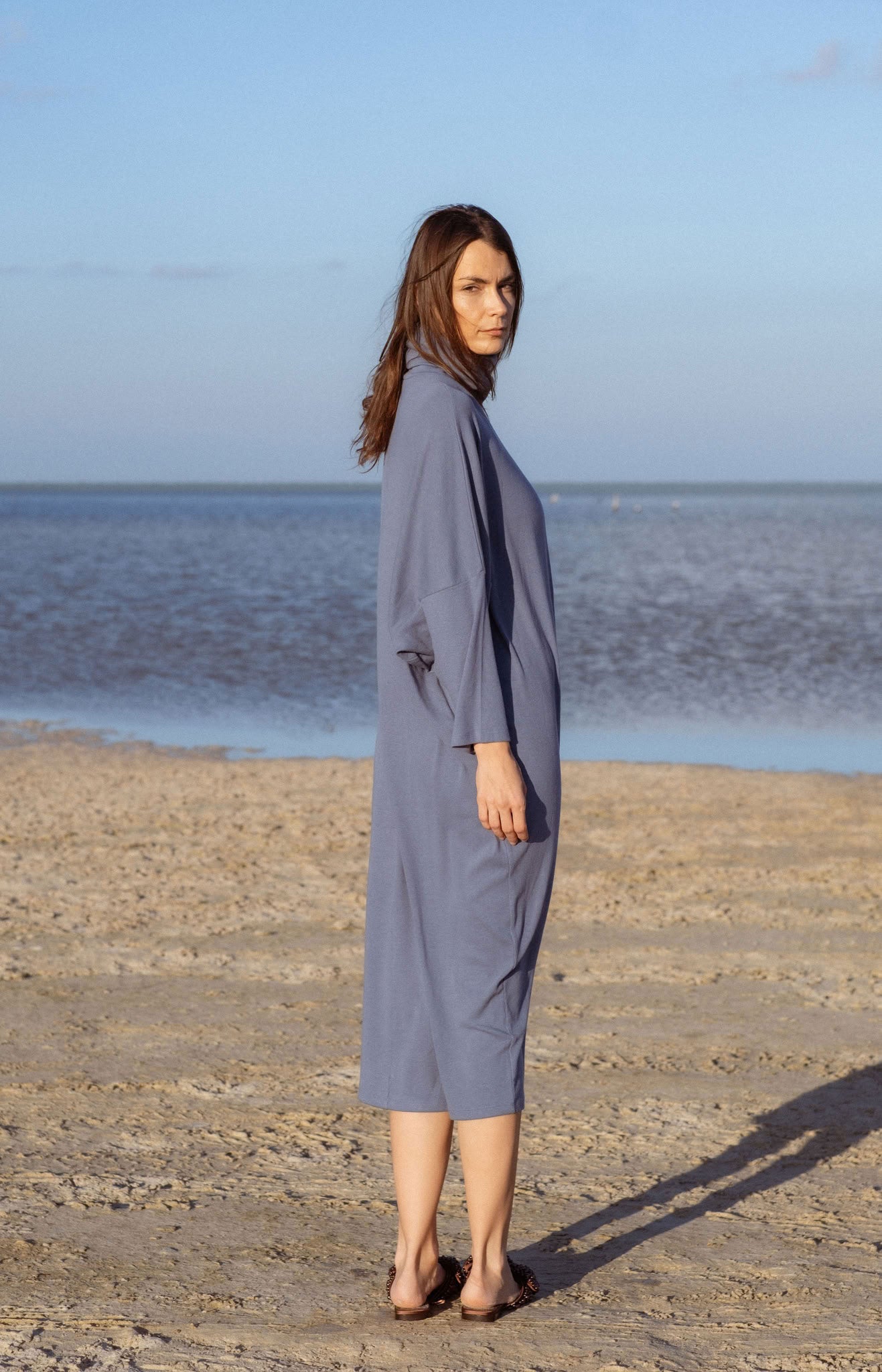 Iona Dress in Teal Blue (Caspian) ribbed turtleneck maxi dress, detail - MAS Montréal