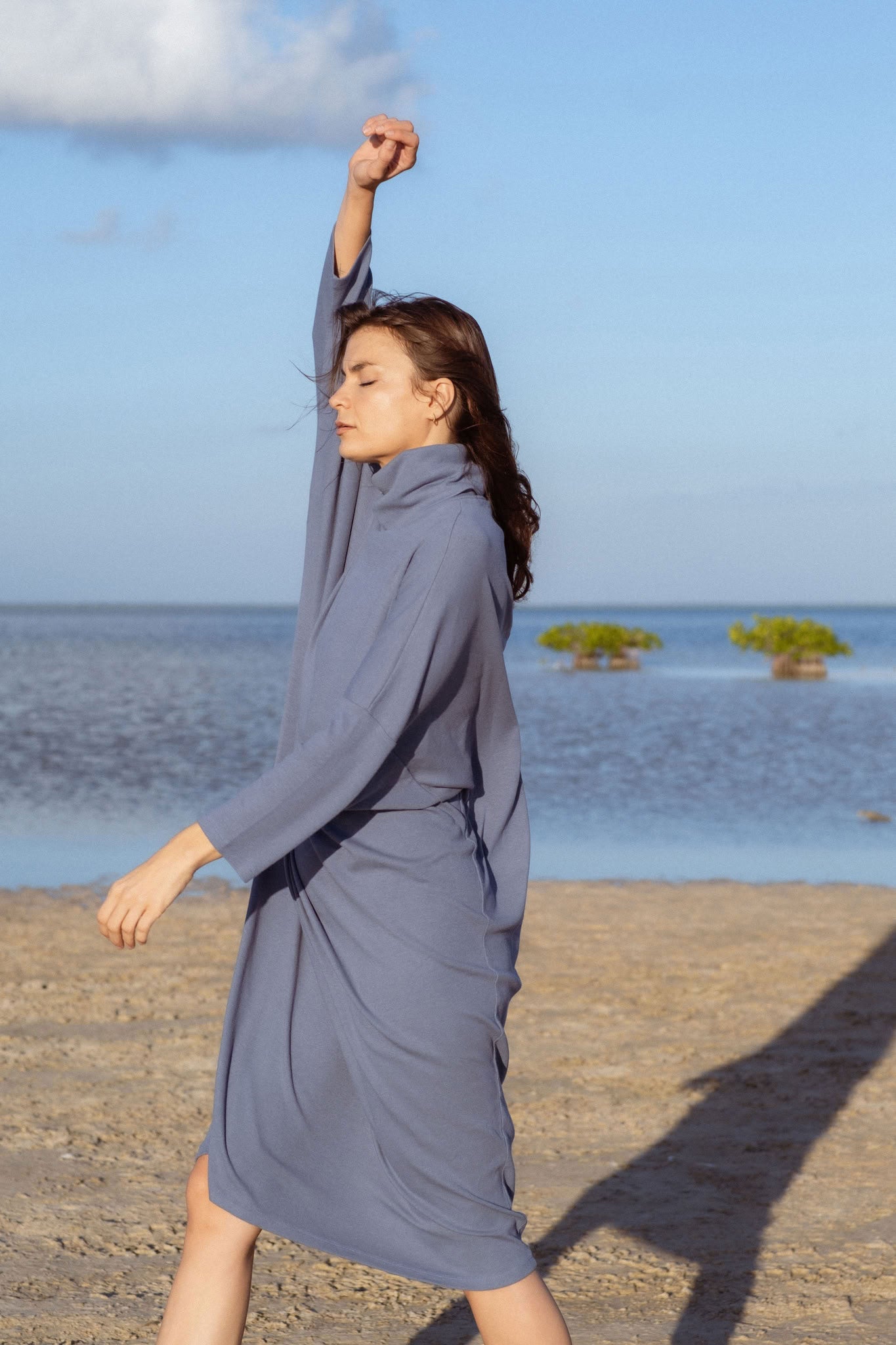Iona Dress in Teal Blue (Caspian) ribbed turtleneck maxi dress, full length - MAS Montréal