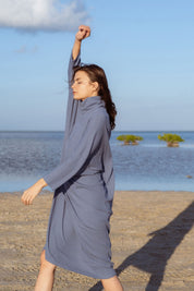 Iona Dress in Teal Blue (Caspian) ribbed turtleneck maxi dress, full length - MAS Montréal