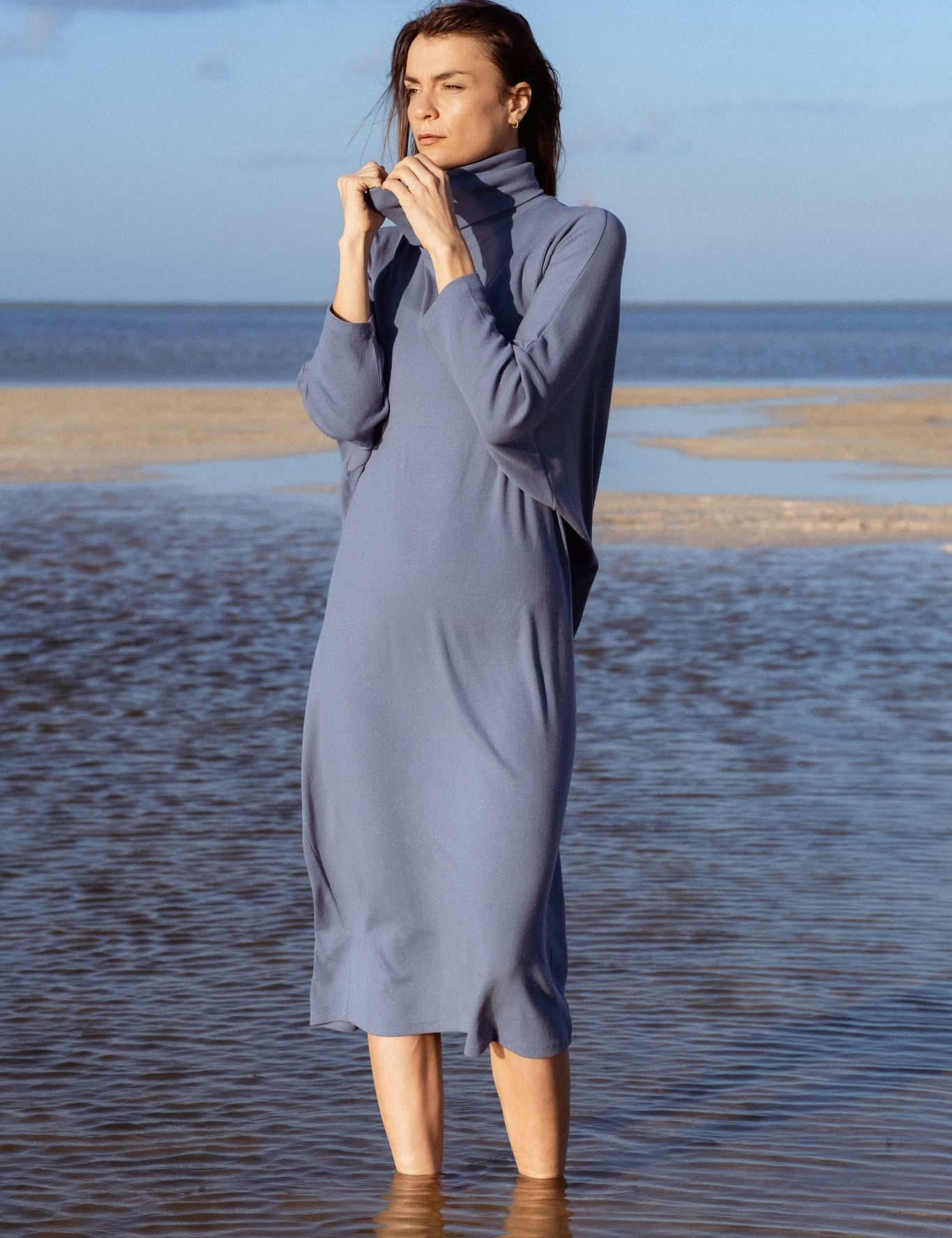 Iona Dress in Teal Blue (Caspian) ribbed turtleneck maxi dress - MAS Montréal
