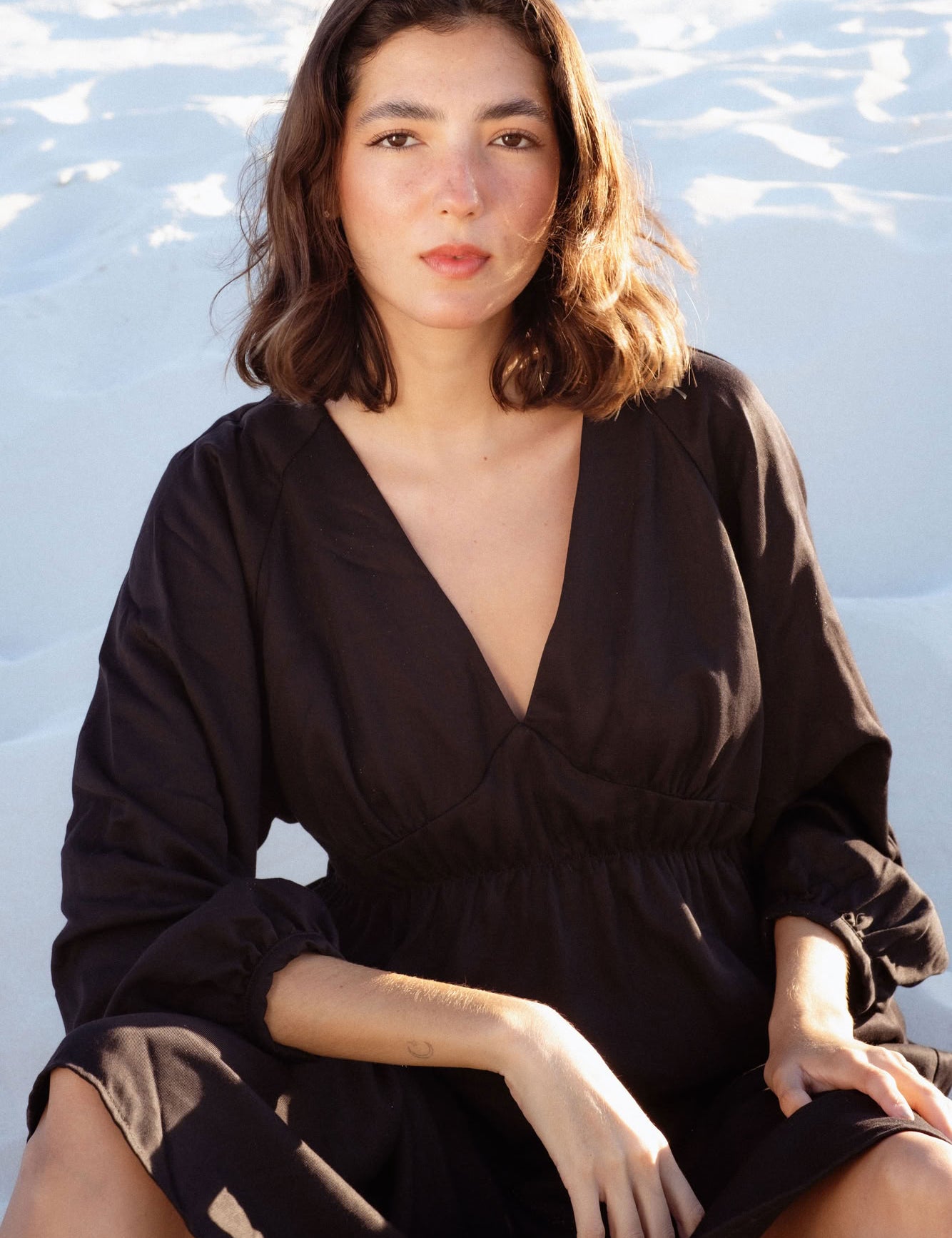 Monte Dress in Black (Carbon) V-neck lyocell midi dress - MAS Montréal