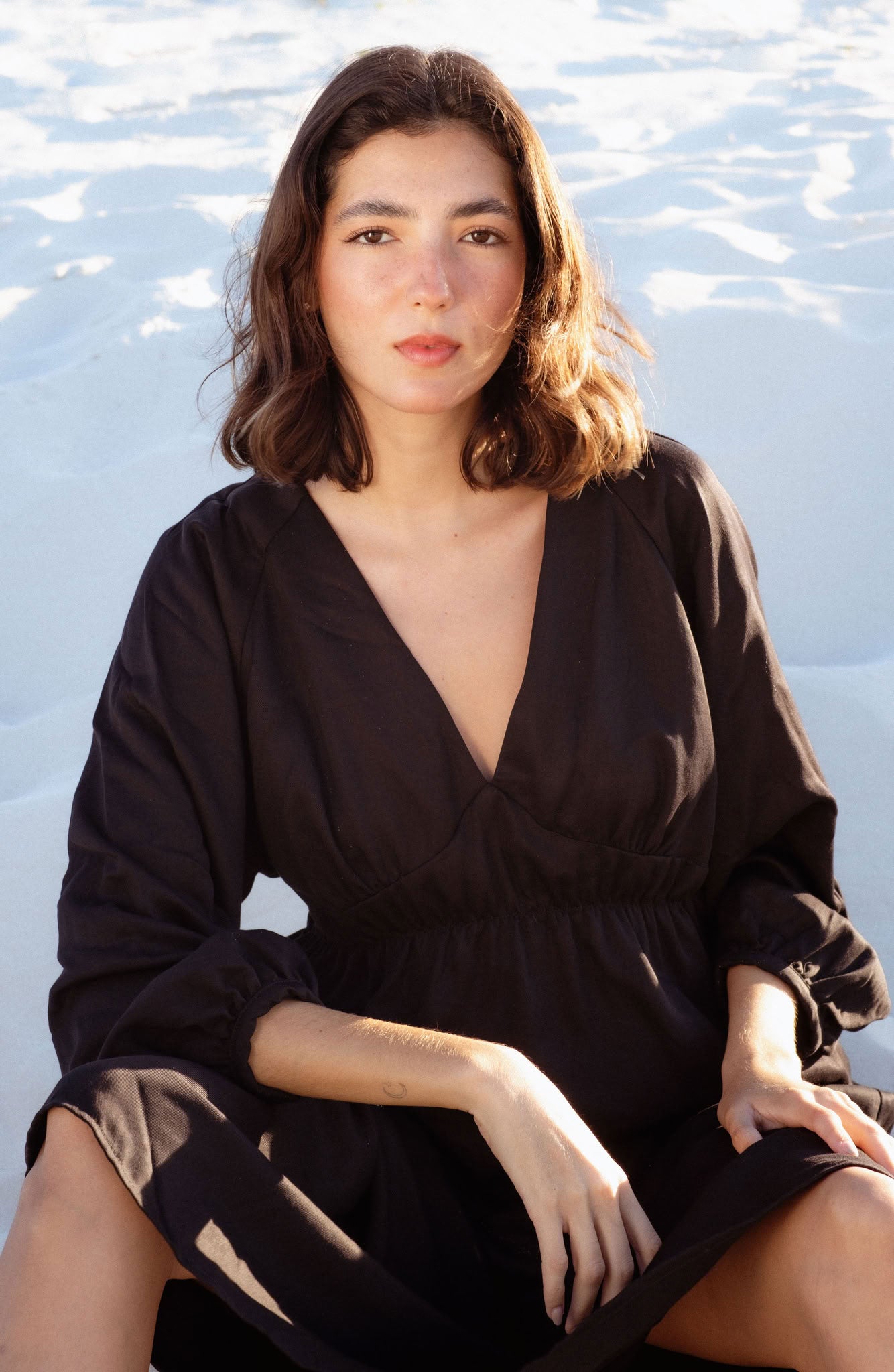 Monte Dress in Black (Carbon) V-neck lyocell midi dress - MAS Montréal