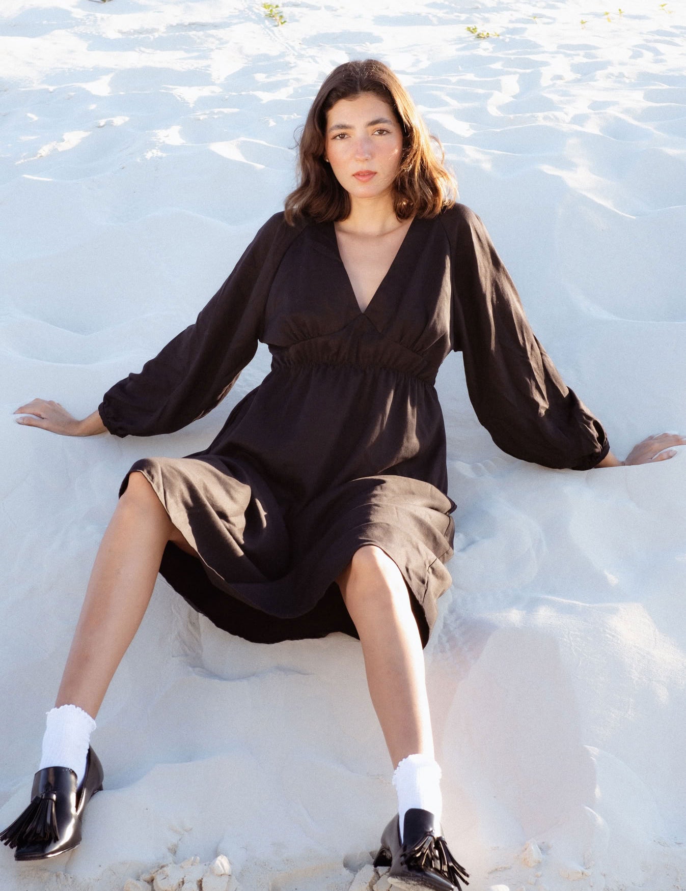 Monte Dress in Black (Carbon) V-neck lyocell midi dress, side view - MAS Montréal