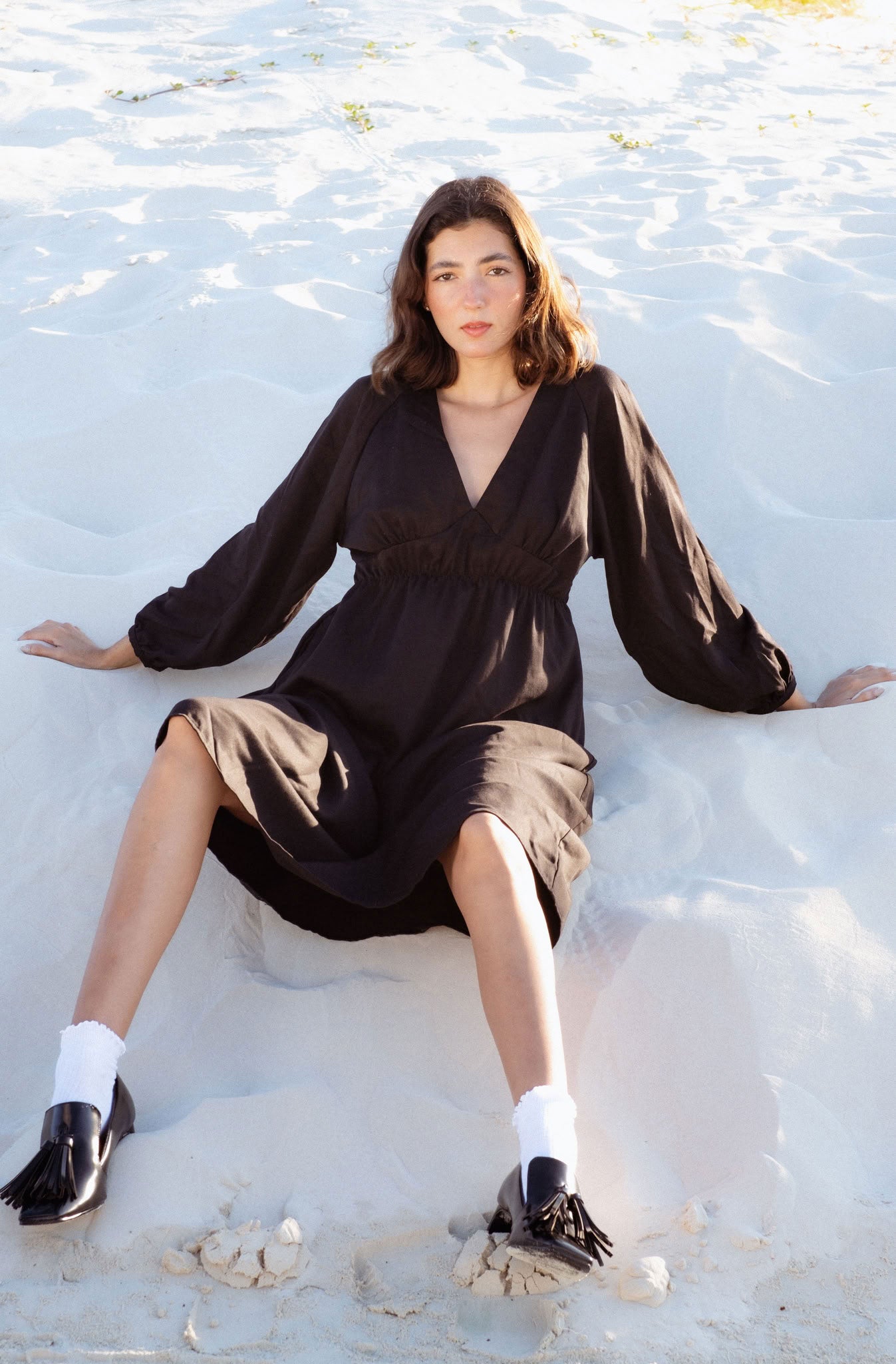 Monte Dress in Black (Carbon) V-neck lyocell midi dress, side view - MAS Montréal