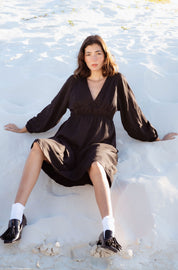 Monte Dress in Black (Carbon) V-neck lyocell midi dress, side view - MAS Montréal