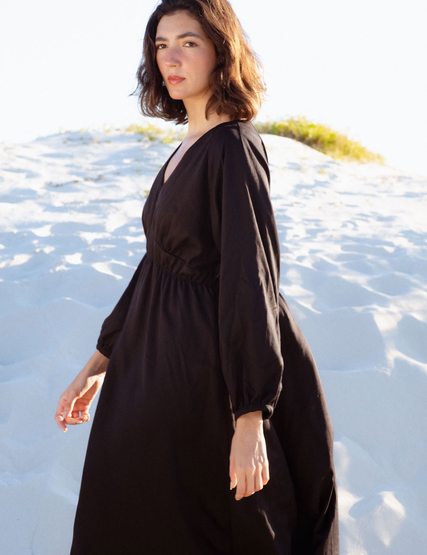 Monte Dress in Black (Carbon) V-neck lyocell midi dress, detail - MAS Montréal