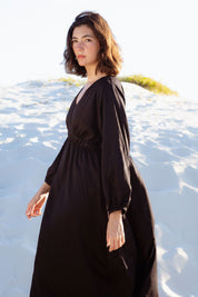 Monte Dress in Black (Carbon) V-neck lyocell midi dress, detail - MAS Montréal