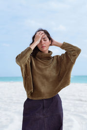 Byron Sweater in Moss Green (Moss) oversized velvet rib turtleneck - MAS Montréal