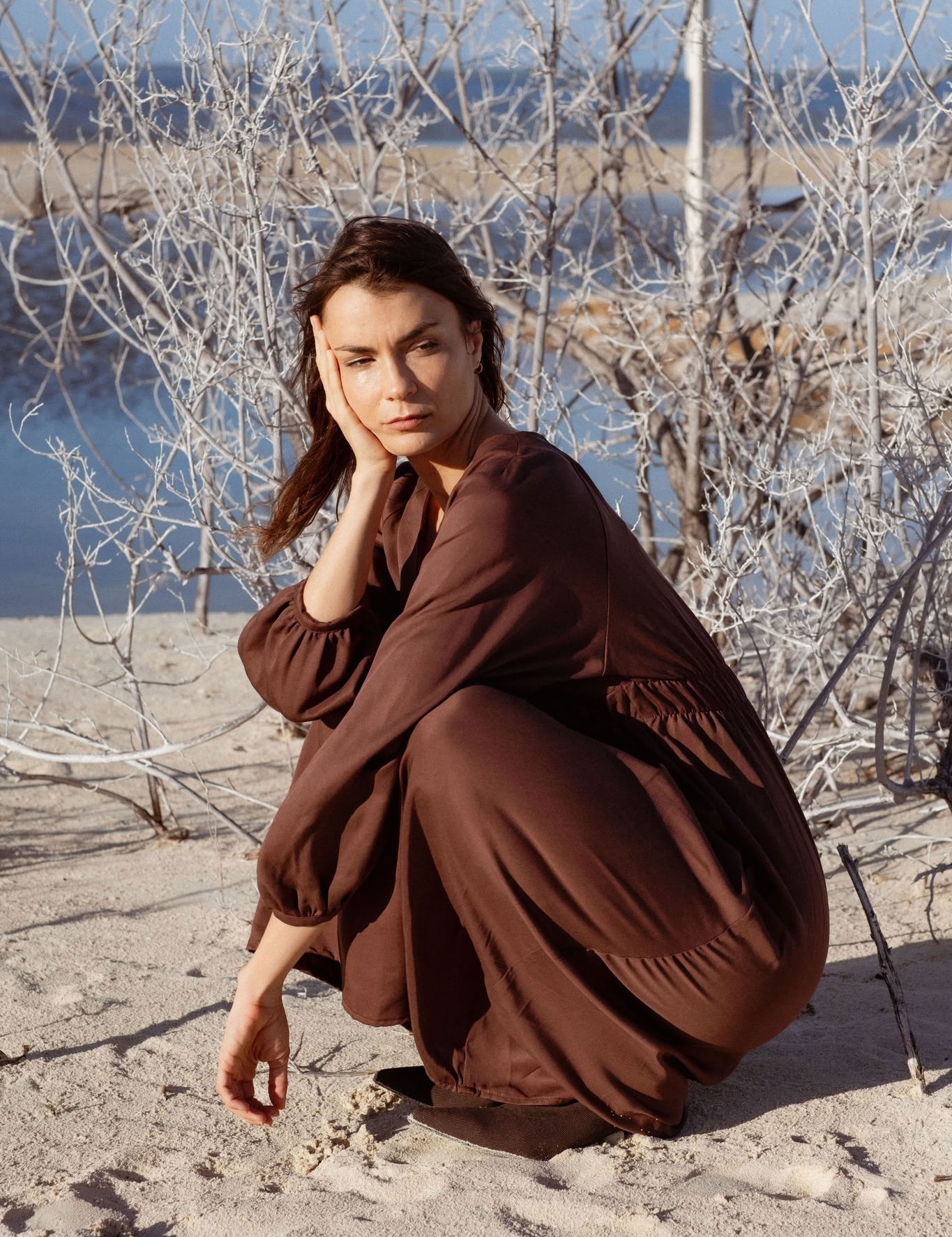 Monte Dress in Brown (Bark) V-neck lyocell midi dress, side view - MAS Montréal