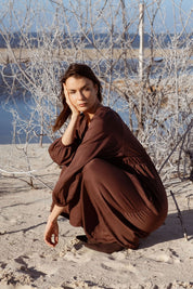 Monte Dress in Brown (Bark) V-neck lyocell midi dress, side view - MAS Montréal