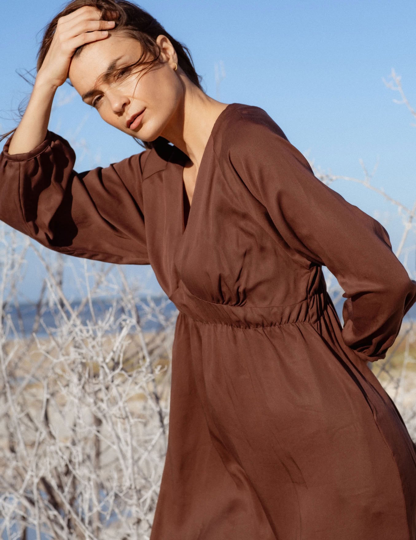 Monte Dress in Brown (Bark) V-neck lyocell midi dress - MAS Montréal