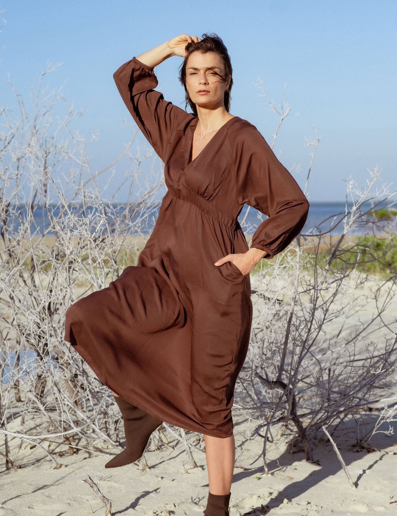 Monte Dress in Brown (Bark) V-neck lyocell midi dress, detail - MAS Montréal