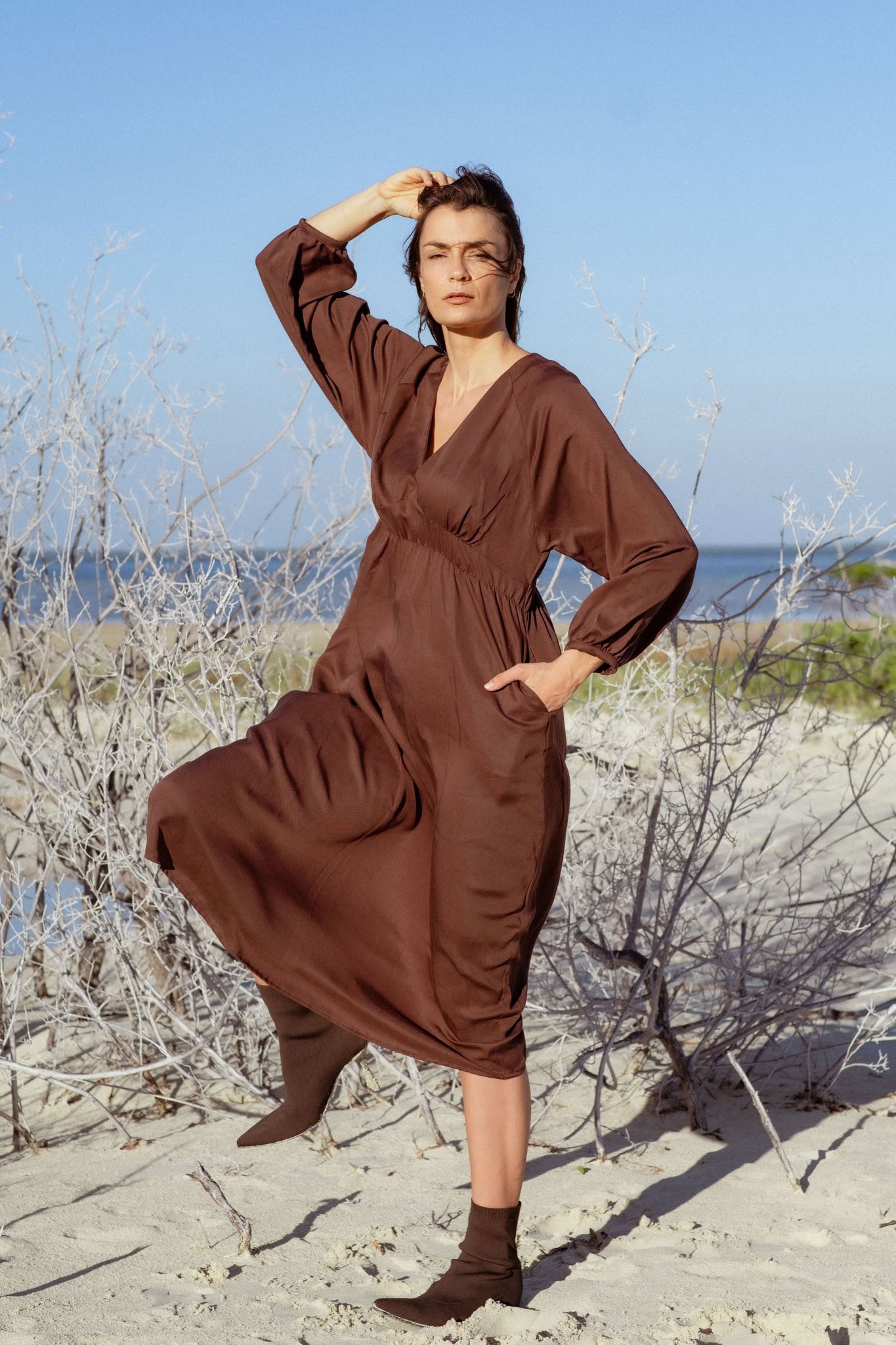 Monte Dress in Brown (Bark) V-neck lyocell midi dress, detail - MAS Montréal