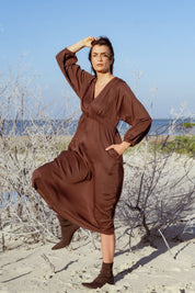 Monte Dress in Brown (Bark) V-neck lyocell midi dress, detail - MAS Montréal